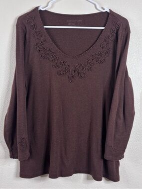 Coldwater Creek Brown Sweater Sz L 100% Cotton Embroidered Cottagecore